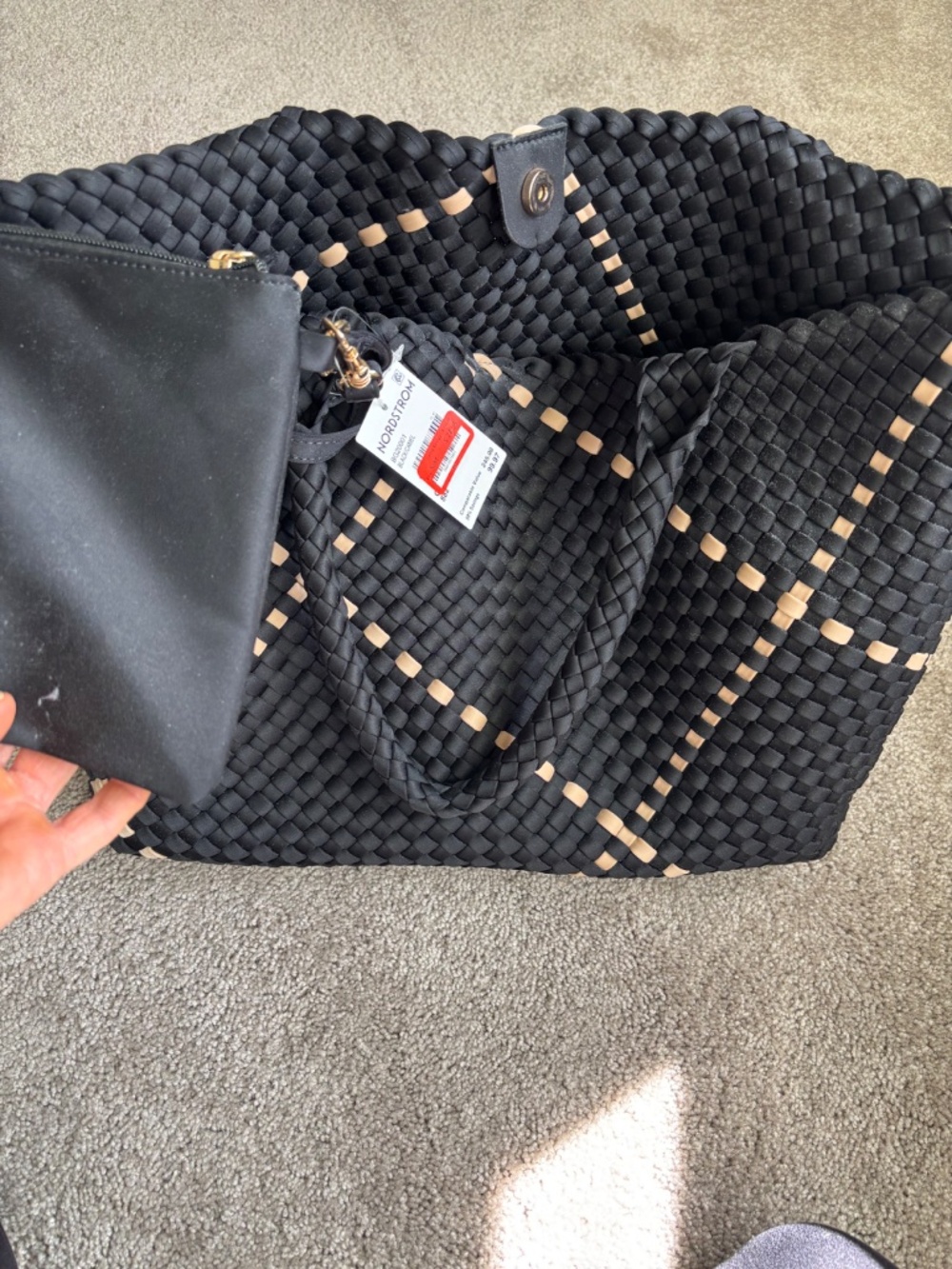 Black and tan woven summer tote with mini bag inside - Picture 3 of 6